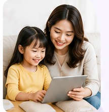 Asian parent exploring activities with her child